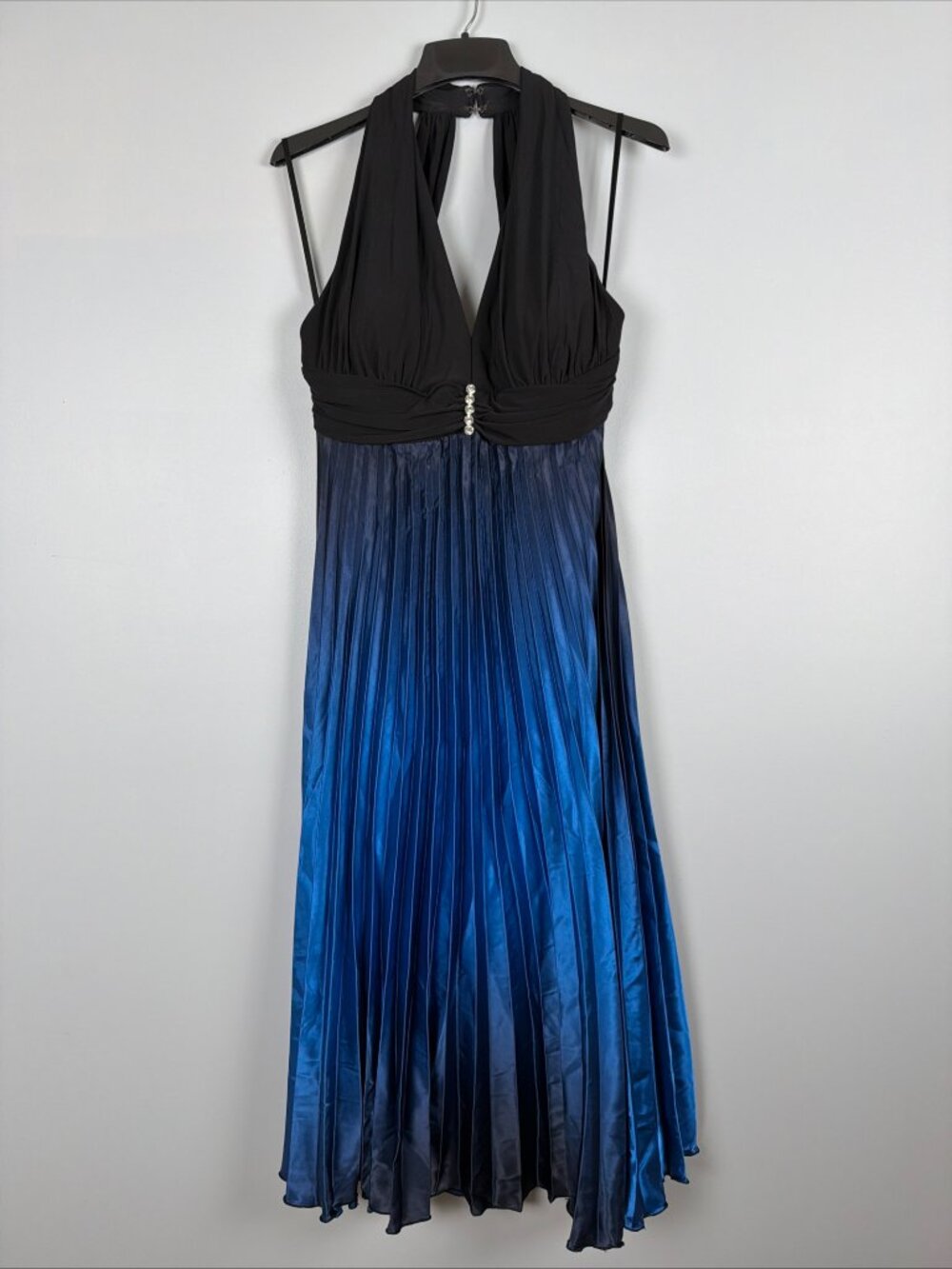 Betsy & Adam Formal Dress Womens 16 Black Blue Ombre Pleated Halter Y2K Vintage